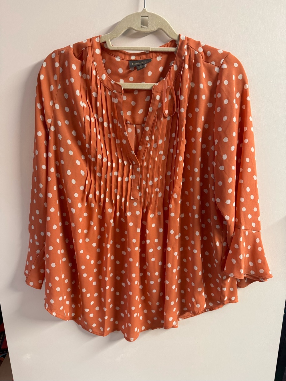 Style & Co. Orange Polka Dot Pleated V-Neck Blouse